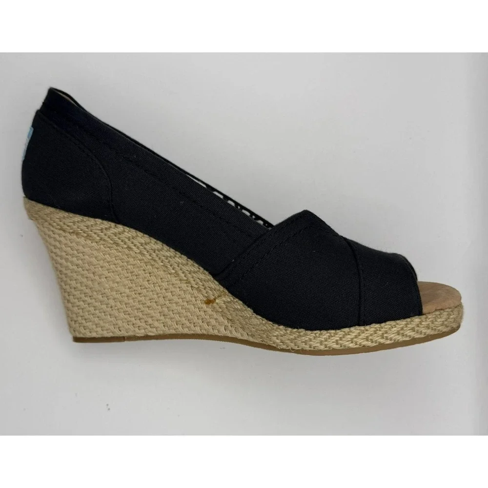 TOMS Womens 7.5 Black Canvas Peep Toe Espadrille Wedge Heels Slip On Shoes